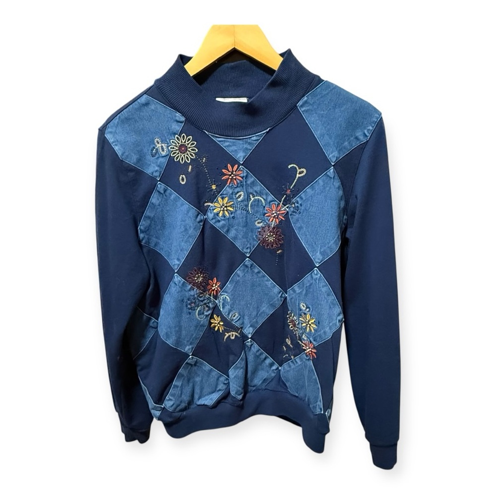 Alfred Dunner Blue Patchwork Turtleneck Sweater - image 2